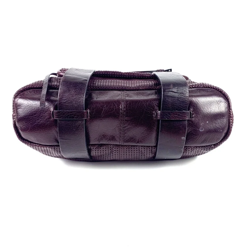 She + Lo Burgundy Perforated Leather Hobo Bucket Crossbody Shoulder Bag Edgy SEE